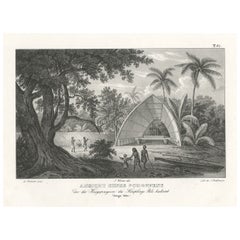 Old Print of a Building Protecting the Warriors of Chief Palu, Tonga Tabu, 1836