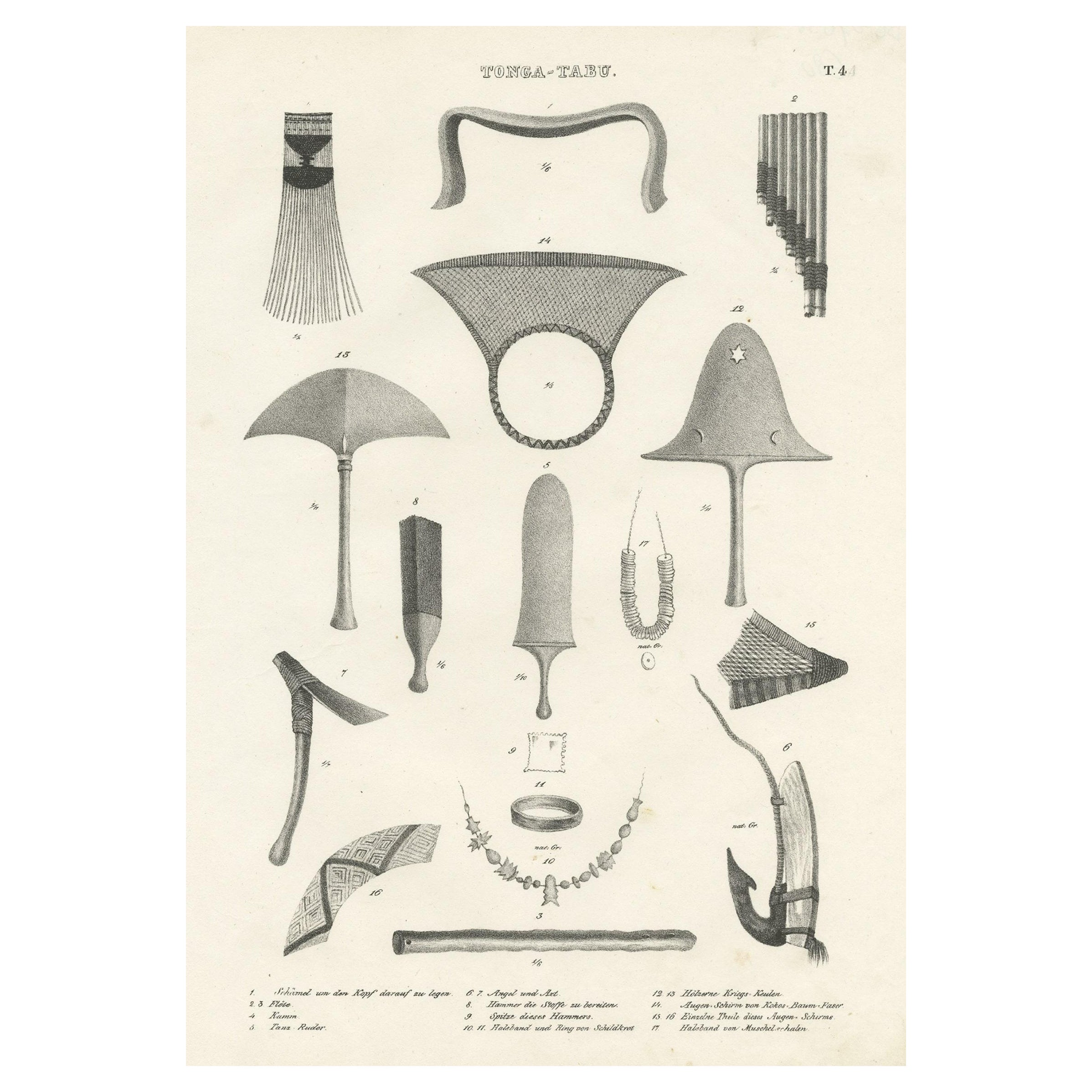 Old Print Depicting Various Utensils of Tongatabu, Site of Tonga's Capital, 1836