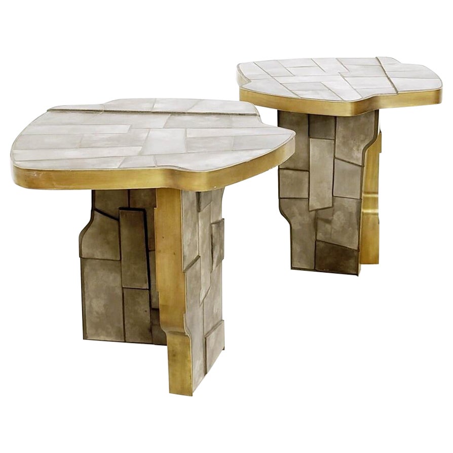 Italian Contemporary Brass and Ceramic Side Table, 2 Available  