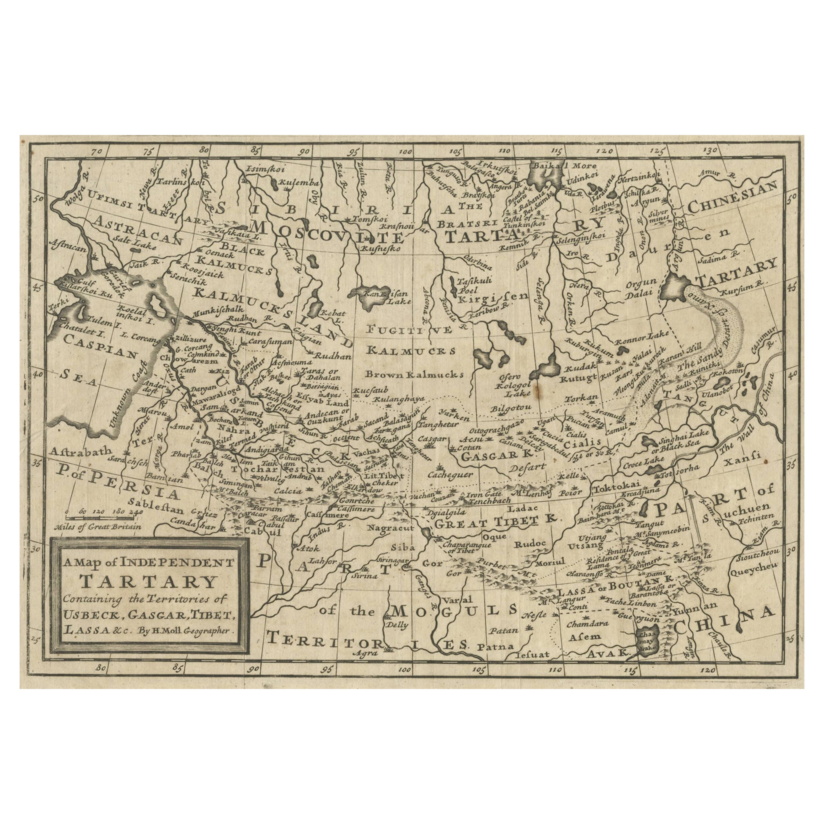Ancienne carte de Tartary avec la Perse, la Sibérie, les territoires moghols et la Chine, vers 1717 en vente