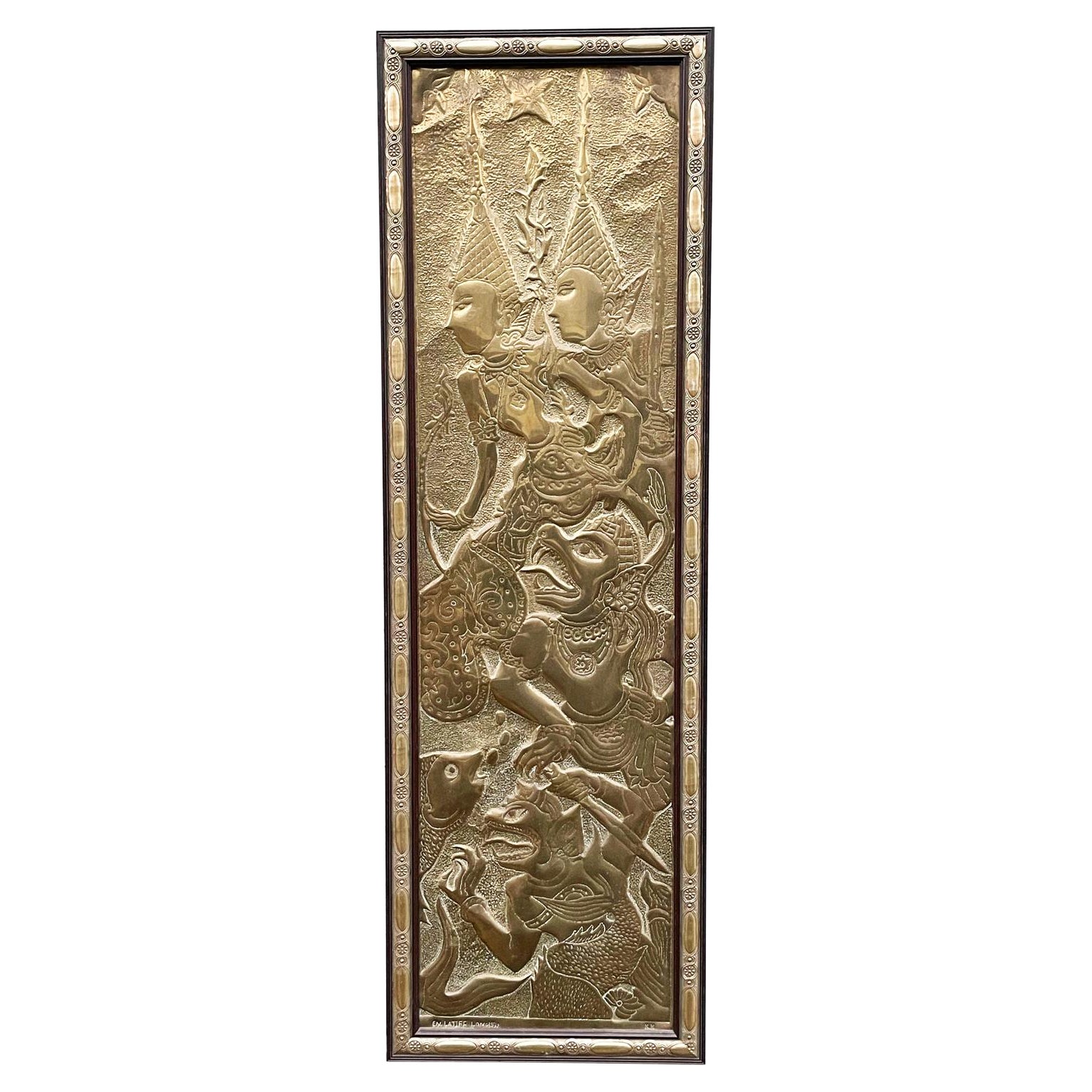 Signed Mid-Century Asian Modern Brass Sculpture Wall Plaque After Kelvin Laverne For Sale
