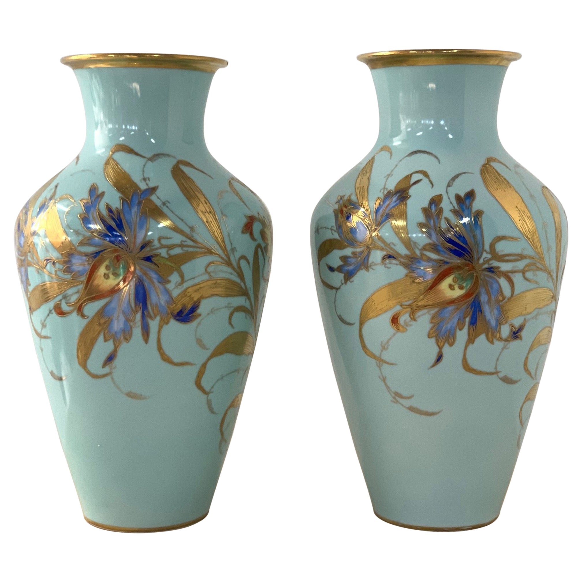 Pair of Decorative Hand Painted Ceramic Vases For Sale