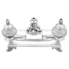 Antique Victorian Sterling Silver and Glass Inkstand / Desk Standish