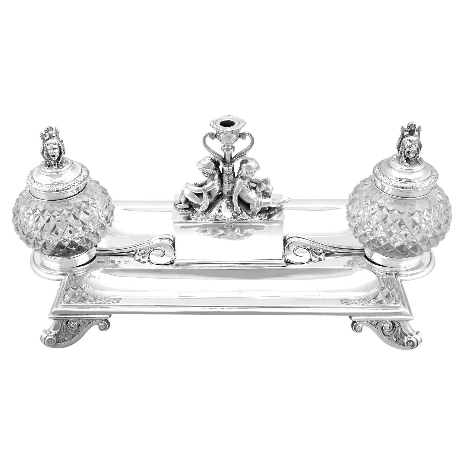 Antique Victorian Sterling Silver and Glass Inkstand / Desk Standish For Sale