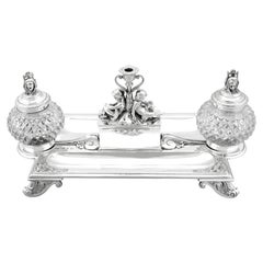 Antique Victorian Sterling Silver and Glass Inkstand / Desk Standish