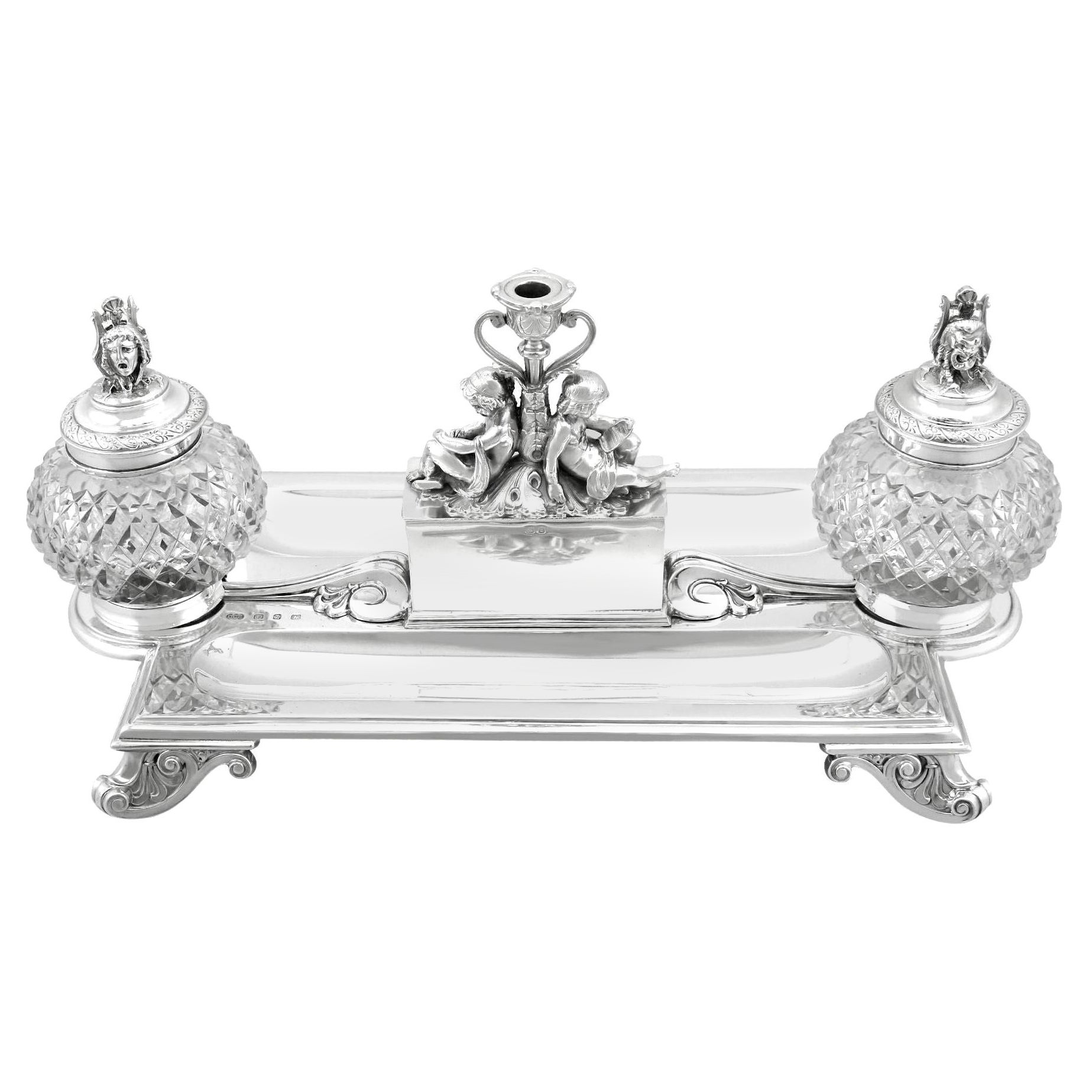 Antique Victorian Sterling Silver and Glass Inkstand / Desk Standish