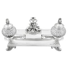 Antiker viktorianischer Tintenständer/Schreibtischständer aus Sterlingsilber und Glas