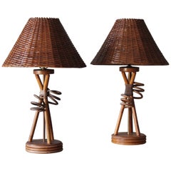 American Designer, Table Lamps, Bamboo, Rattan, United States, 1960s