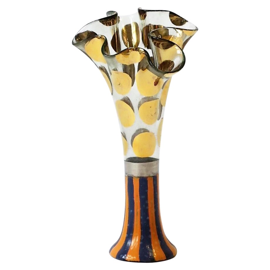 Mackenzie-Childs Art Glass Vase with Gold Polka Dots, circa 1980s For Sale