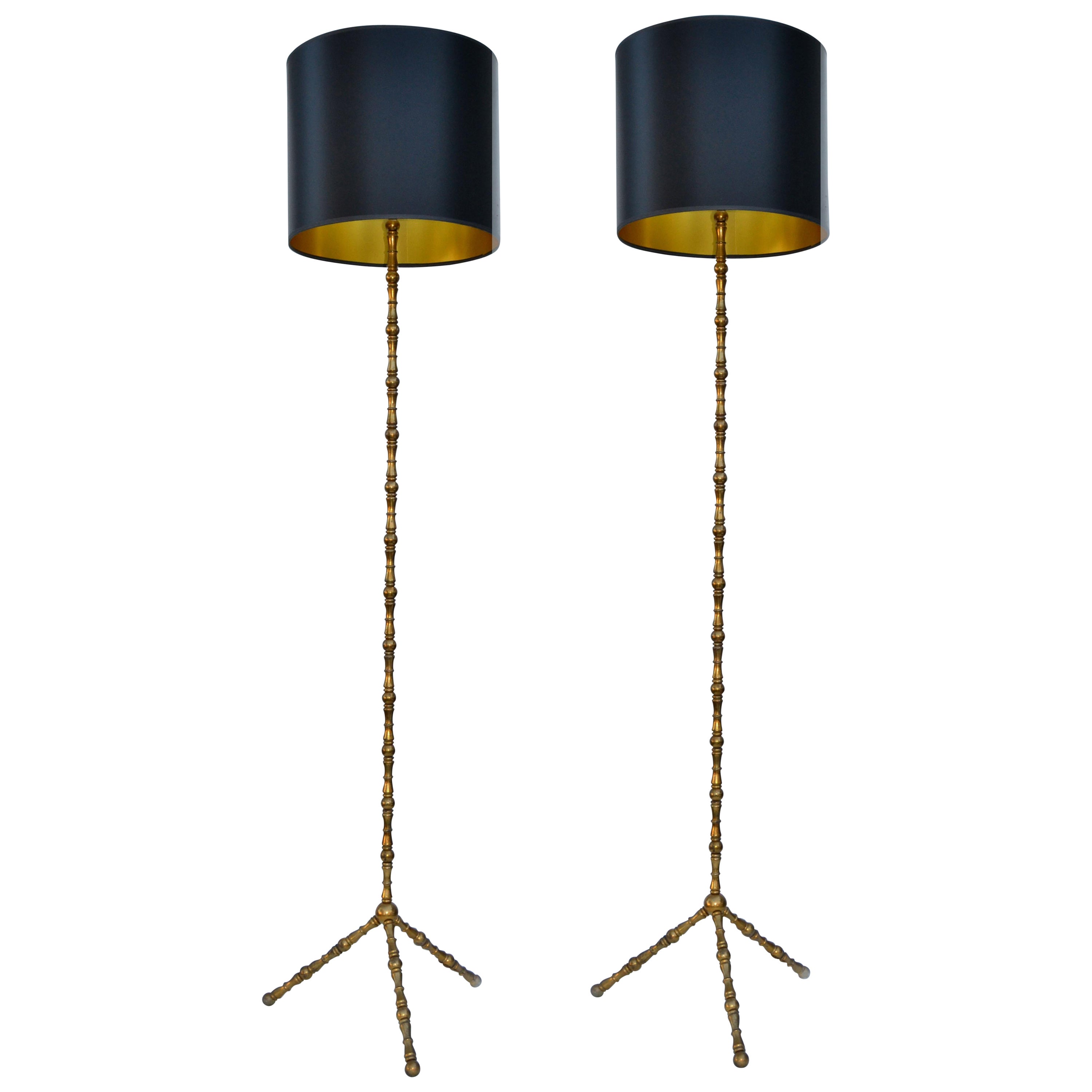 Pair, French Neoclassical Bronze Faux Bamboo & Brass Maison Baguès Floor Lamp