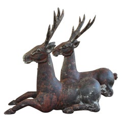 Antique Pair of Solid Wood Deer Statues