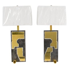 French Industrial Brutalist Brass and Steel Table Lamp, a pair