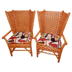 Pair of Rare Walters Wicker Modern High Back Chairs