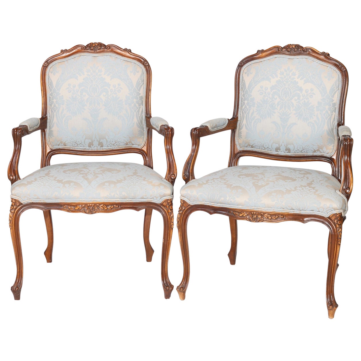 Pair French LouisXV Style Carved Fruitwood Fauteuil Arm Chairs 20th C