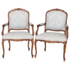 Pair French LouisXV Style Carved Fruitwood Fauteuil Arm Chairs 20th C