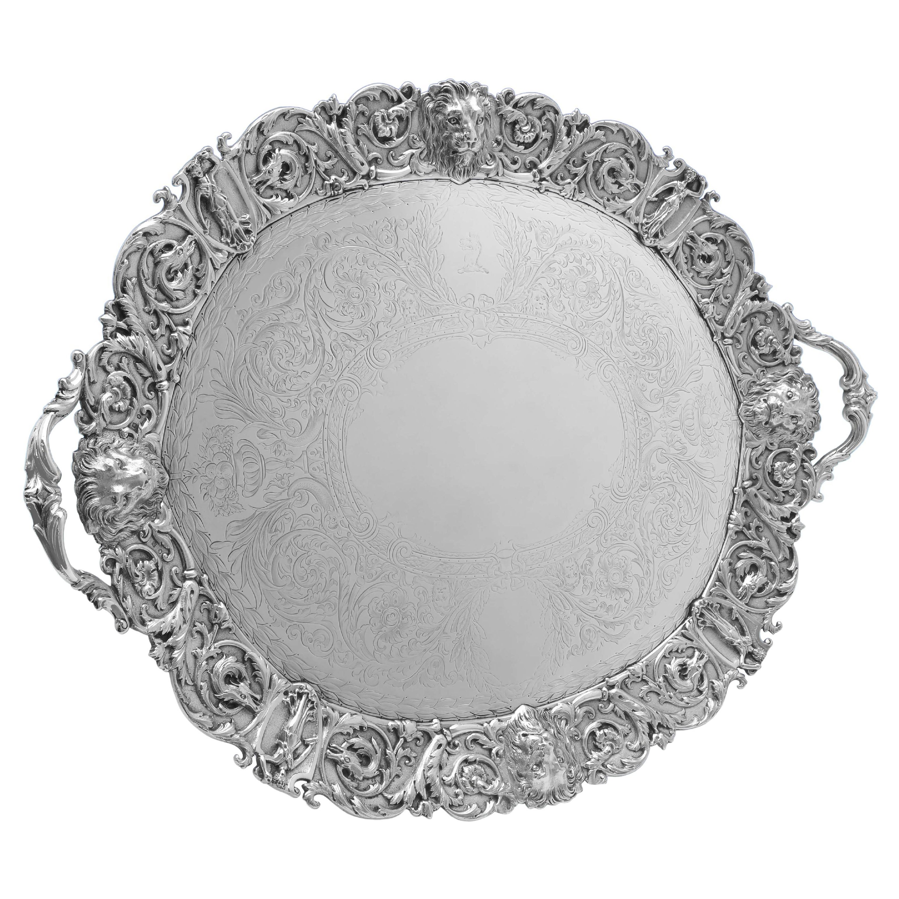 Bandeja barroca victoriana antigua de plata de ley, increíble borde fundido, 1871