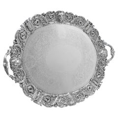 Bandeja barroca victoriana antigua de plata de ley, increíble borde fundido, 1871