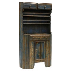 1900 Vintage French Country Teal Painted Step-Back Cupboard