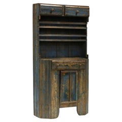 1900 Antique French Country Teal Painted Step-Back Cupboard