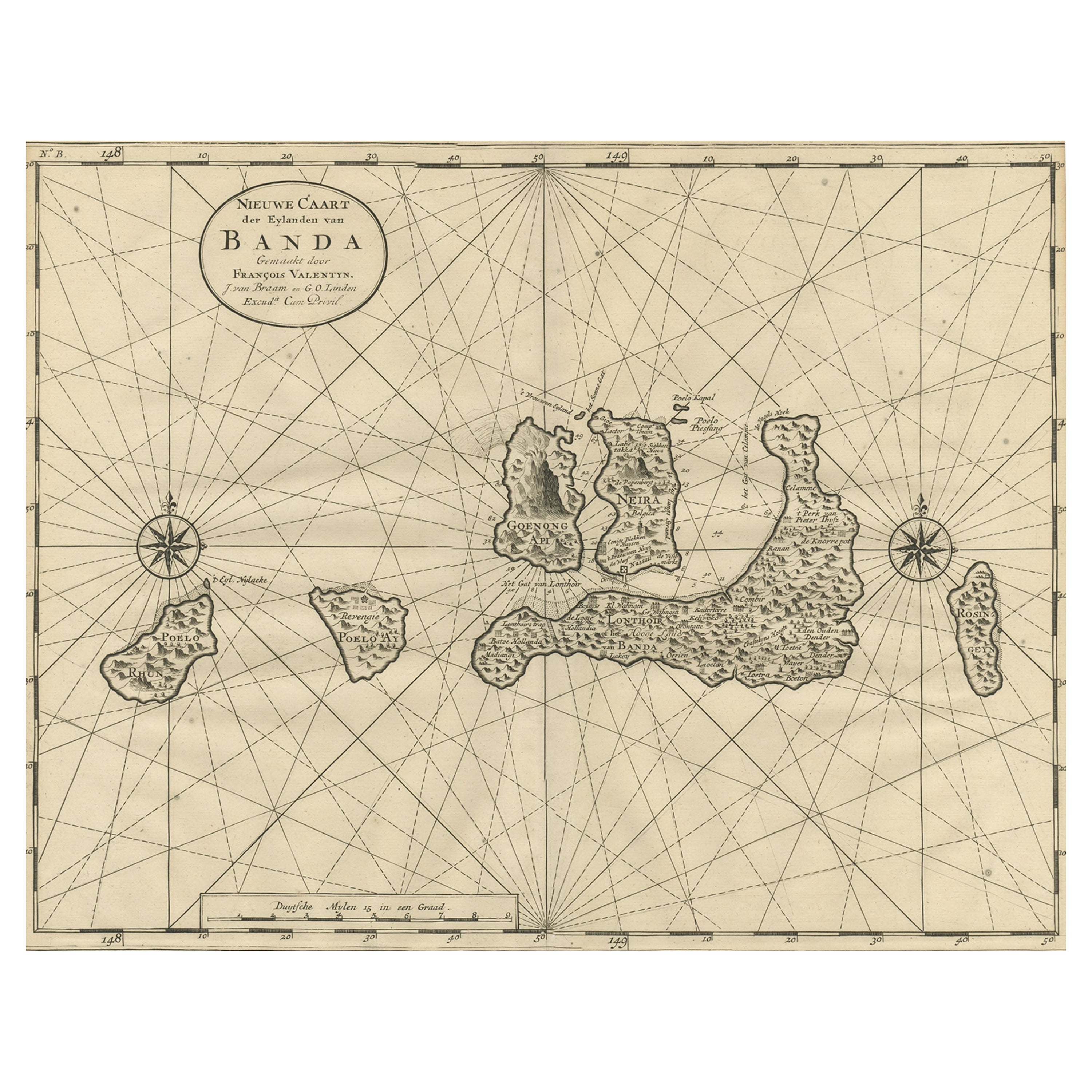 Carte ancienne des îles Banda ou des îles Spice, Indonésie, 1726