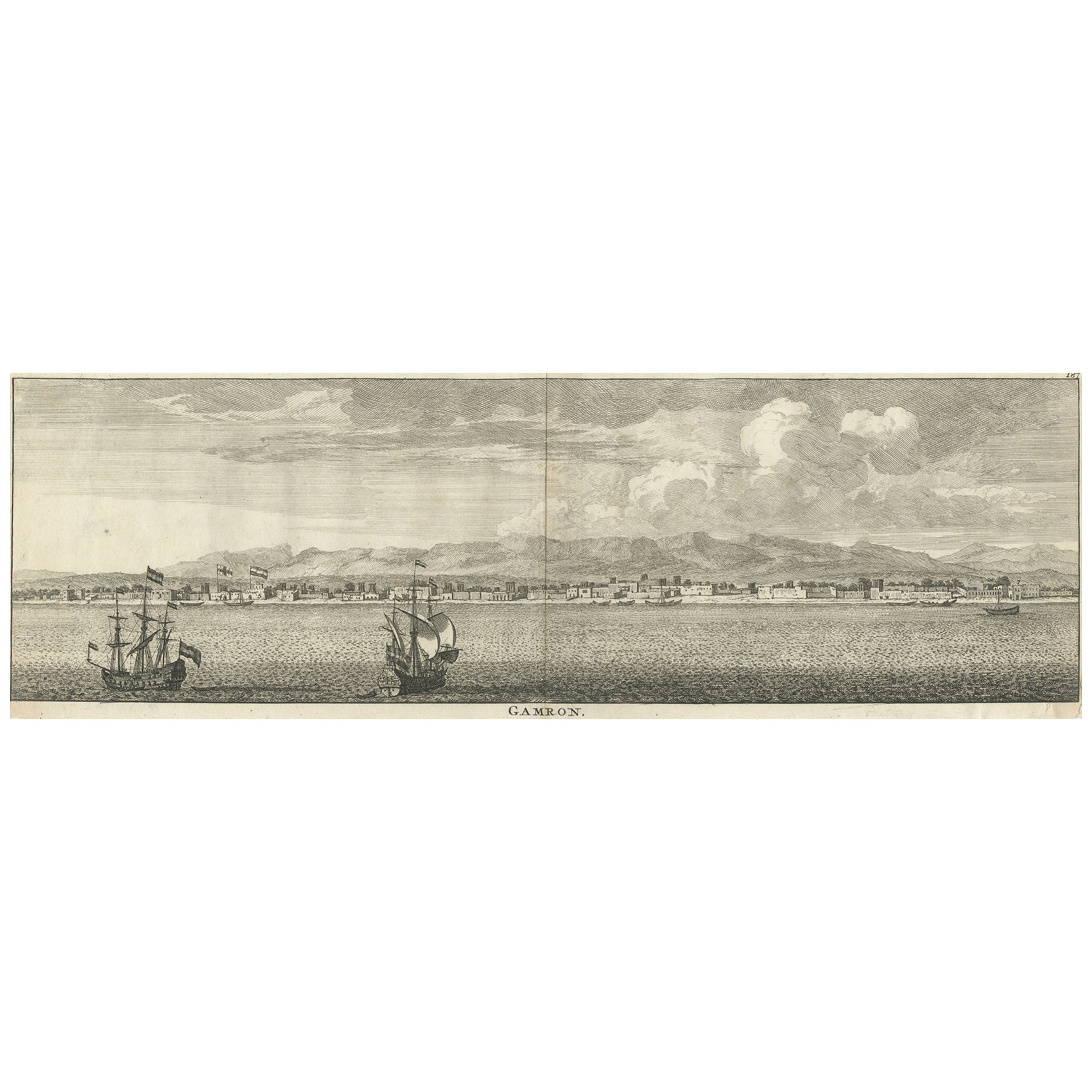 Vue Panoramie ancienne de Bandar-Abbas « Anciennement Gamron, Perse » en Iran, 1714 en vente