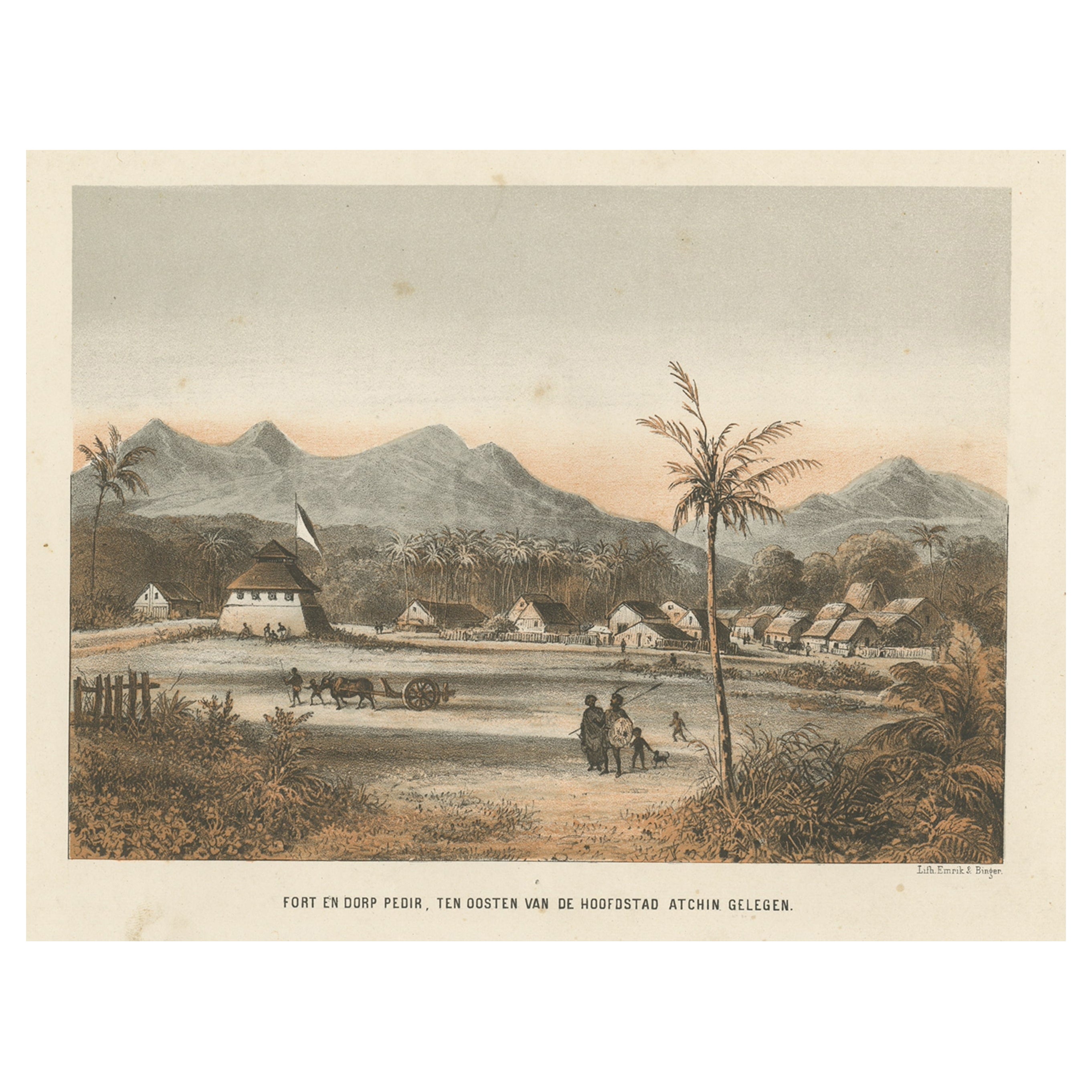 Belle vue ancienne de village asiatique à Aceh, Sumatra, Indonésie, 1874
