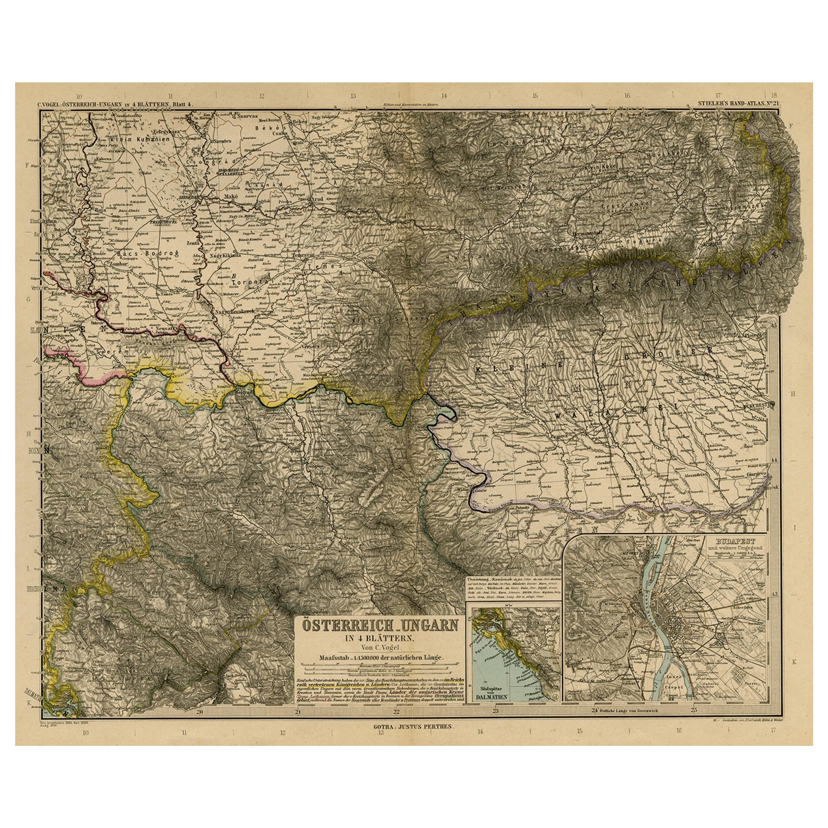 Antike Karte von Osteuropa, einschließlich Montenegro und Serbien, und einer Budapester Karte, 1890