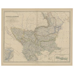 Antique Old Map of Turkey in Europe, incl Romania, Servia, Montenegro & Bulgaria, 1882