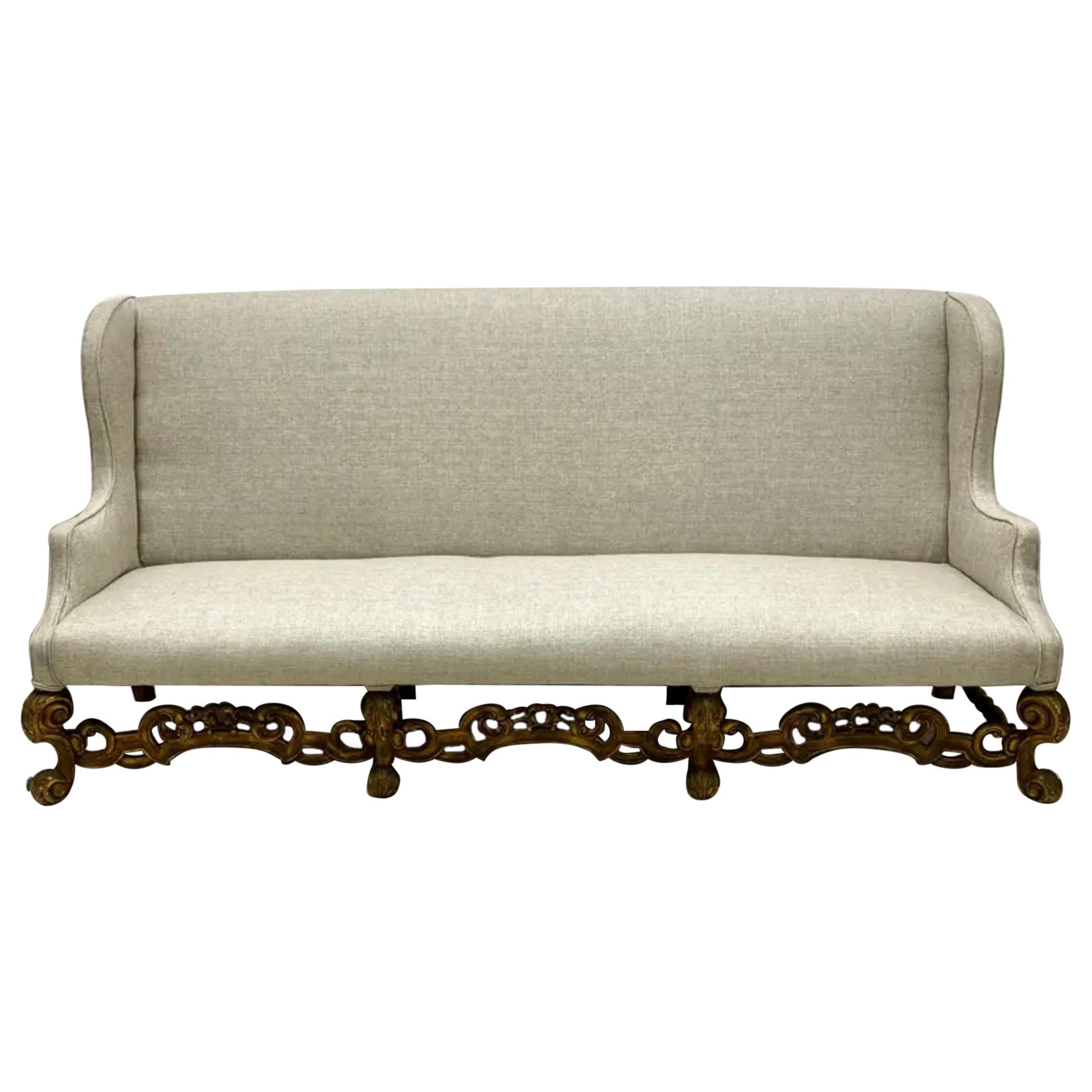 Antique Carved Walnut French Sofa in Linen