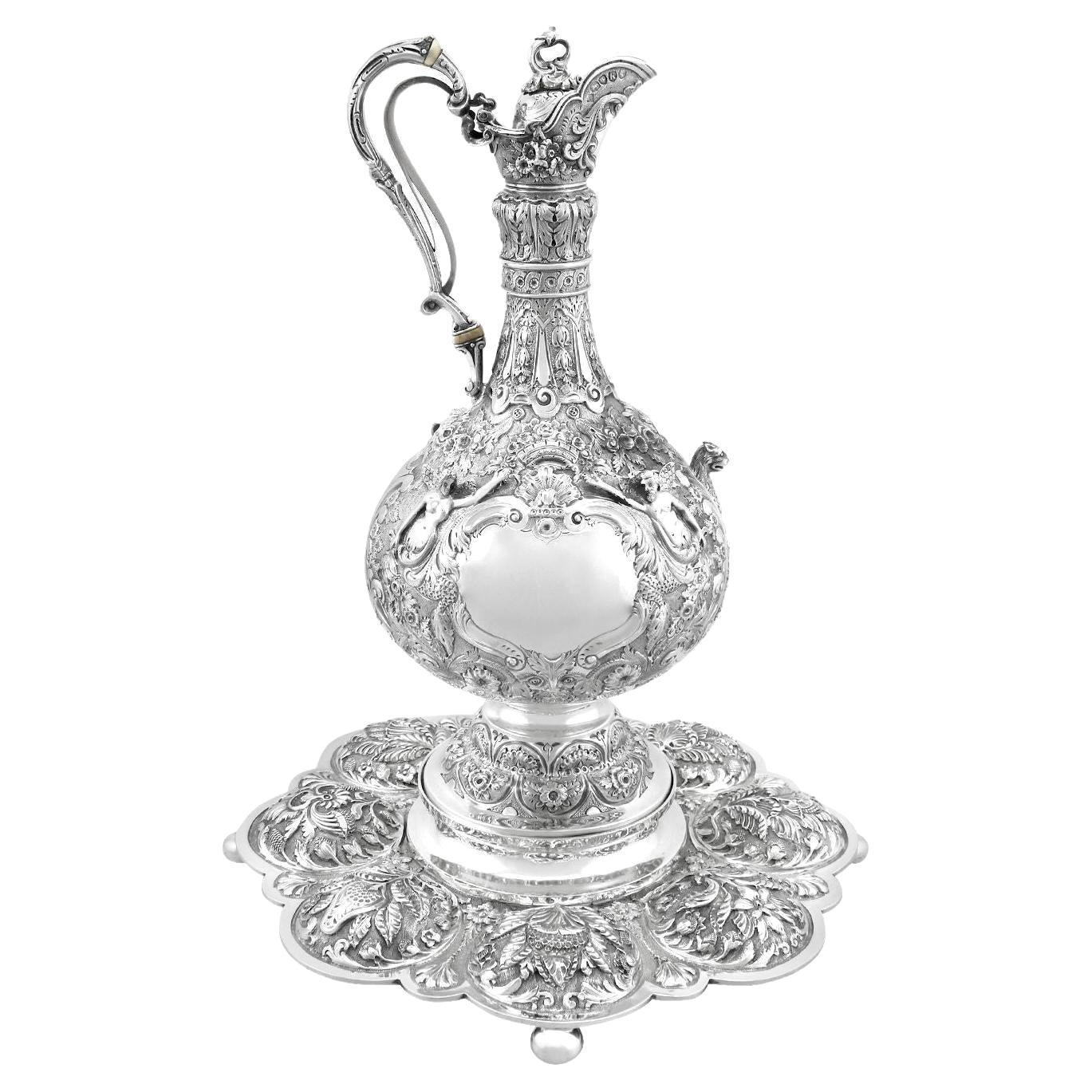 Antique Victorian Sterling Silver Armada Jug and Stand For Sale