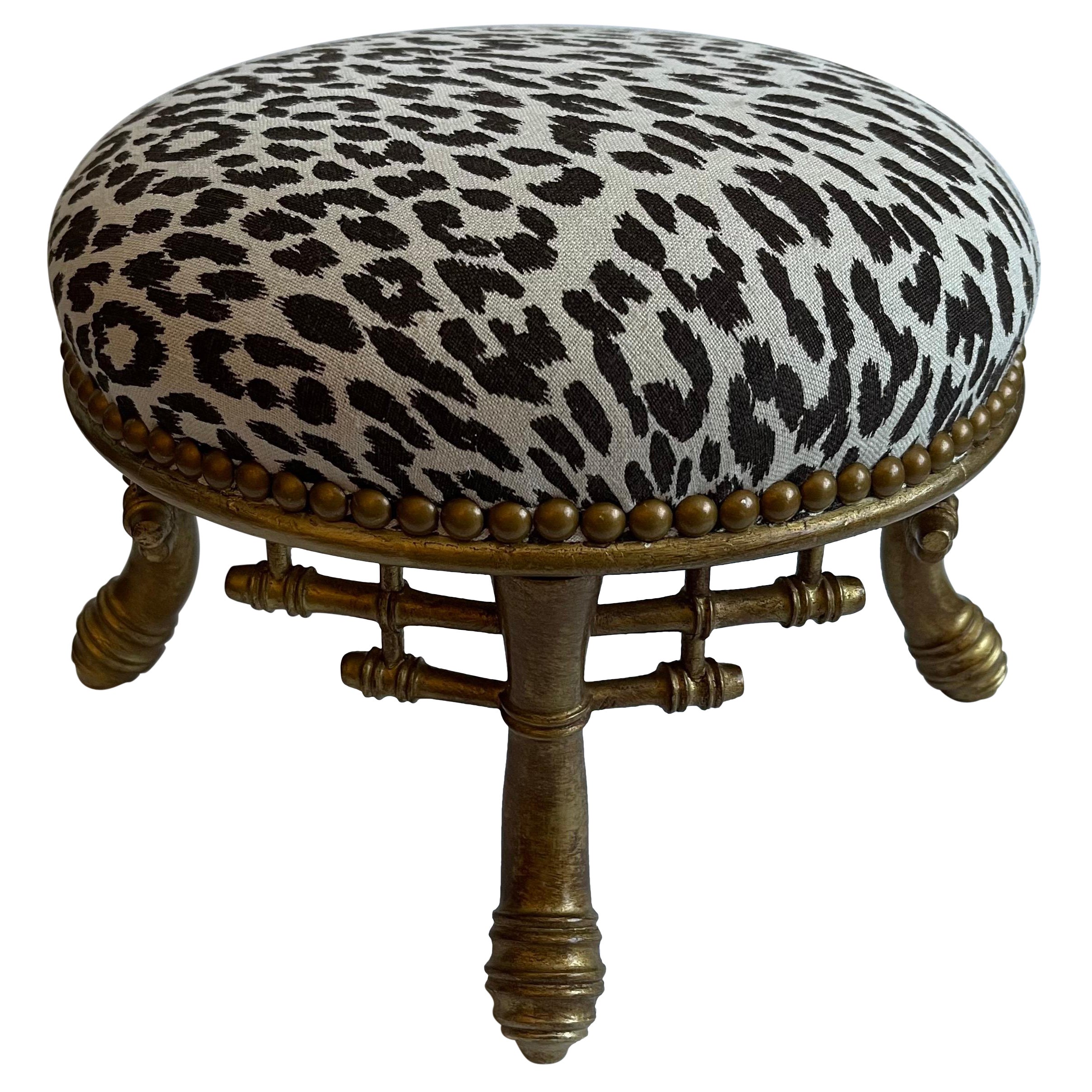 Giltwood Chinoiserie Bamboo Leopard Round Footstool
