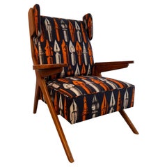 Vintage Wingback Library Chair in Piero Fornasetti, Stylo Plume Fabric
