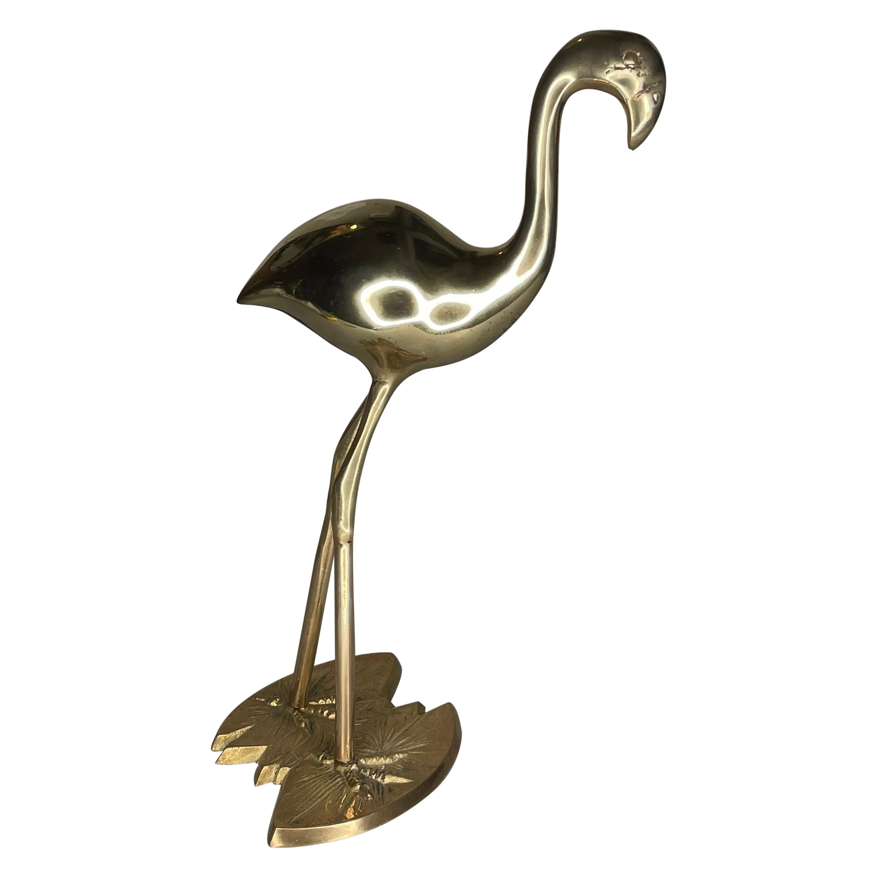 Vintage Hand Polished Brass Flamingo Figure For Sale
