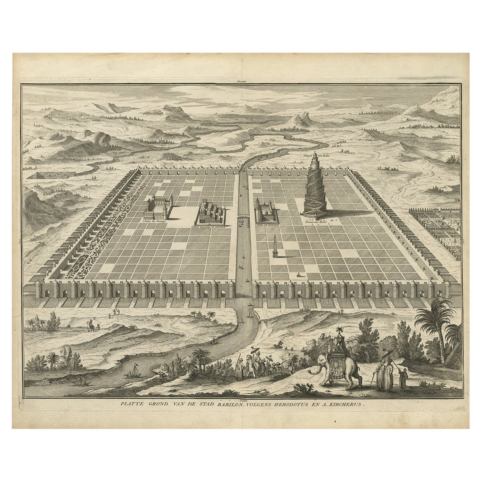 Ancient Babylon with The Tower of Babel According to Herodotus & Kircherus, 1730 For Sale