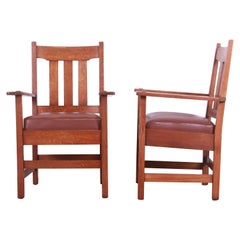 Antique Stickley Brothers Mission Oak Arts & Crafts Arm Chairs, Pair