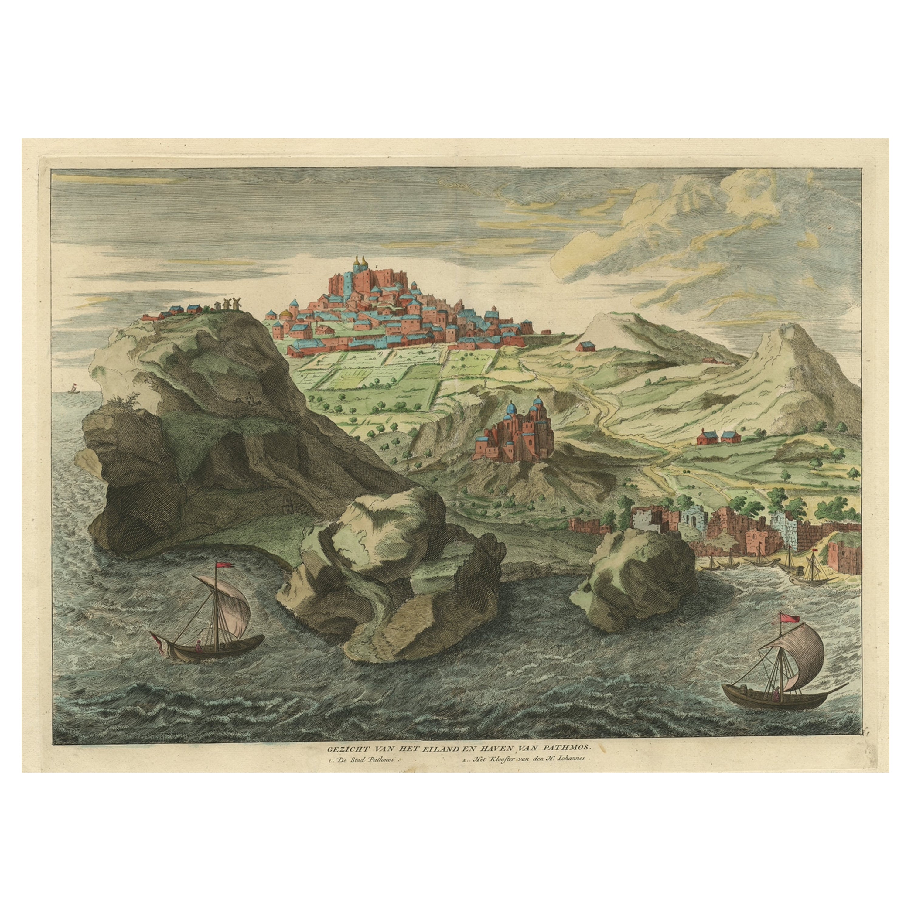 Old Engraving the City and Harbour of Pathmos, Patmos or Patimo in Greece, 1725 For Sale