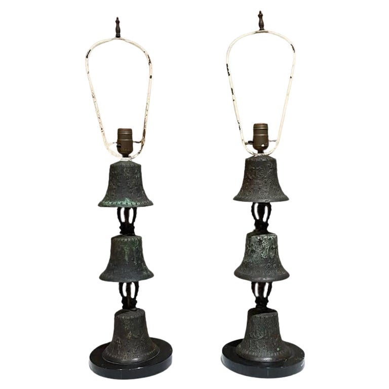 Modern Regency Bronze Mejico Bell Table Lamps on Marble Base 1940s Guadalajara