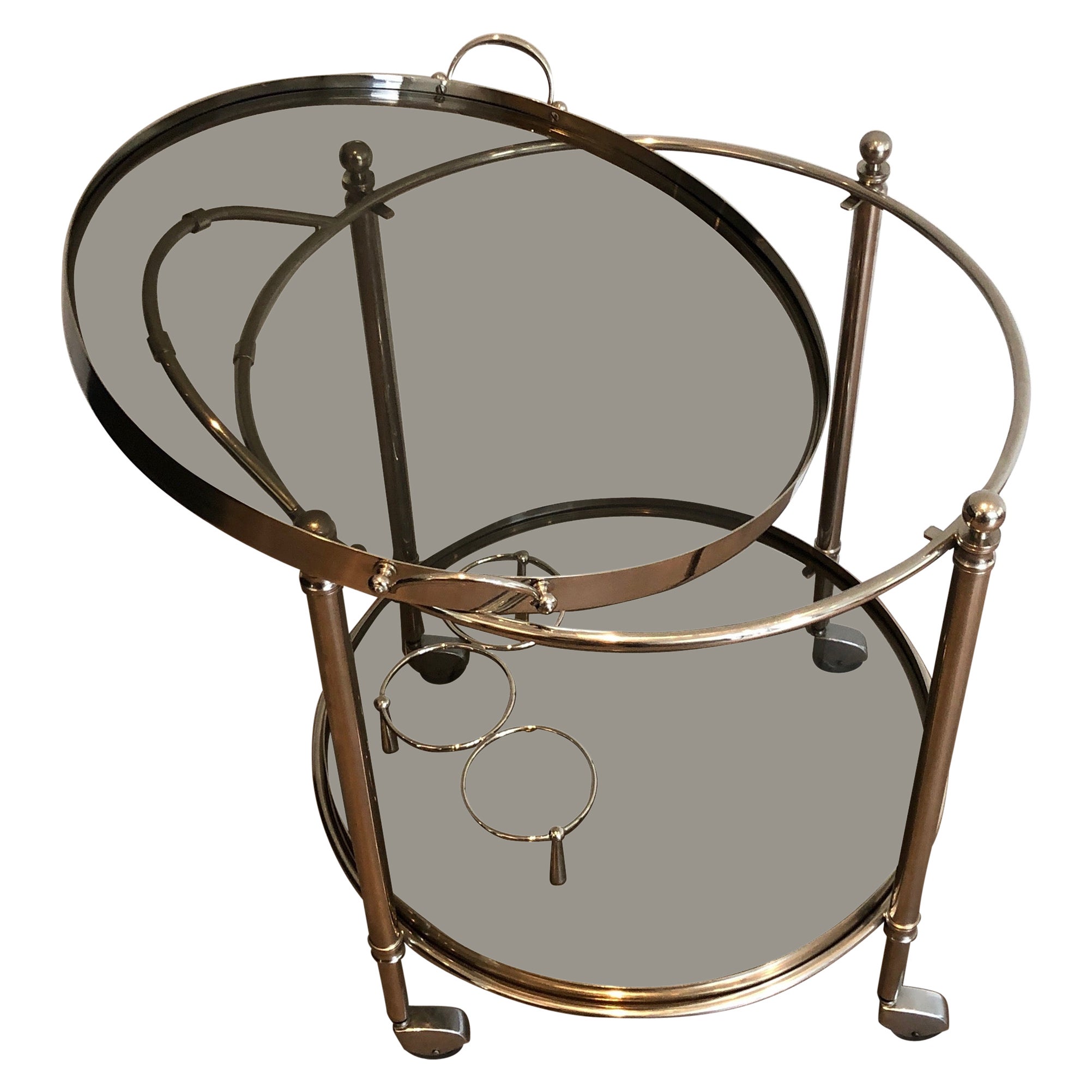 Round Silver Plated Metal Bar Cart with Smoked Glass Trays. French. Circa  For Sale