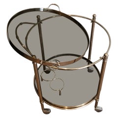 Round Silver Plated Metal Bar Cart with Smoked Glass Trays. French. Circa 