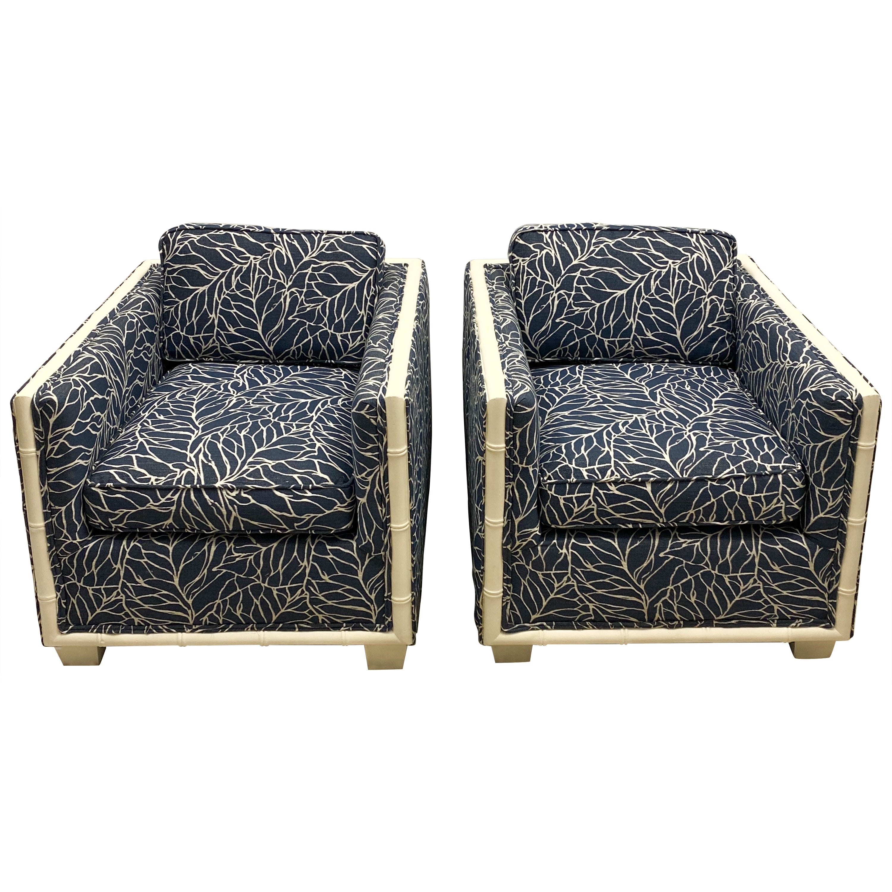 Hollywood Regency Era Navy Blue Faux Bamboo and Banana Leaf Club Chairs, a Pair For Sale