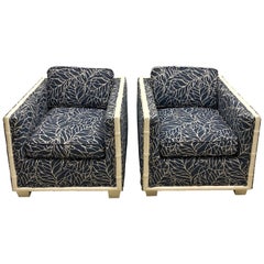 Vintage Hollywood Regency Era Navy Blue Faux Bamboo and Banana Leaf Club Chairs, a Pair