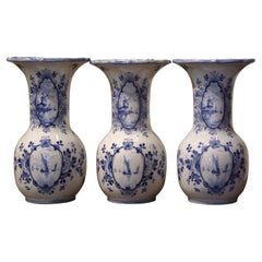 Mid-Century Dutch Blue and White Hand-Painted Faience Delft Vases, Set of 3