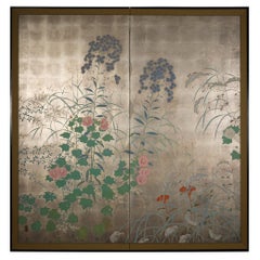 Japanese Two Panel Screen Summer Flowers on Silver Leaf