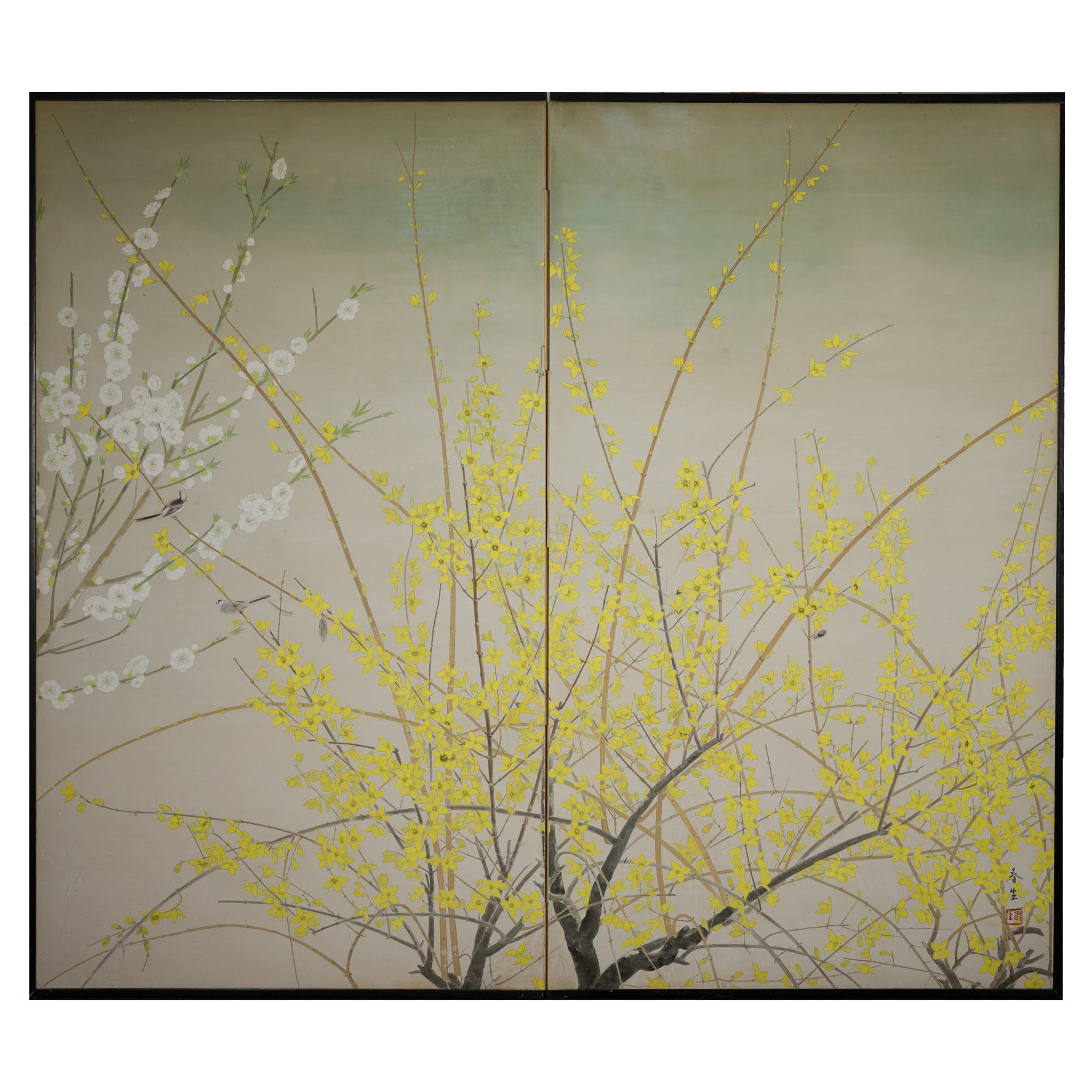 Japanese Two Panel Screen Cherry and Forsythia