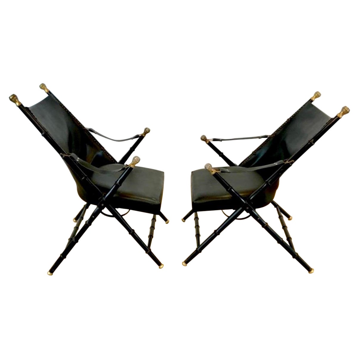 Pair of Matching Faux Bamboo Leather Maison Jansen Style Folding Campaign Chairs