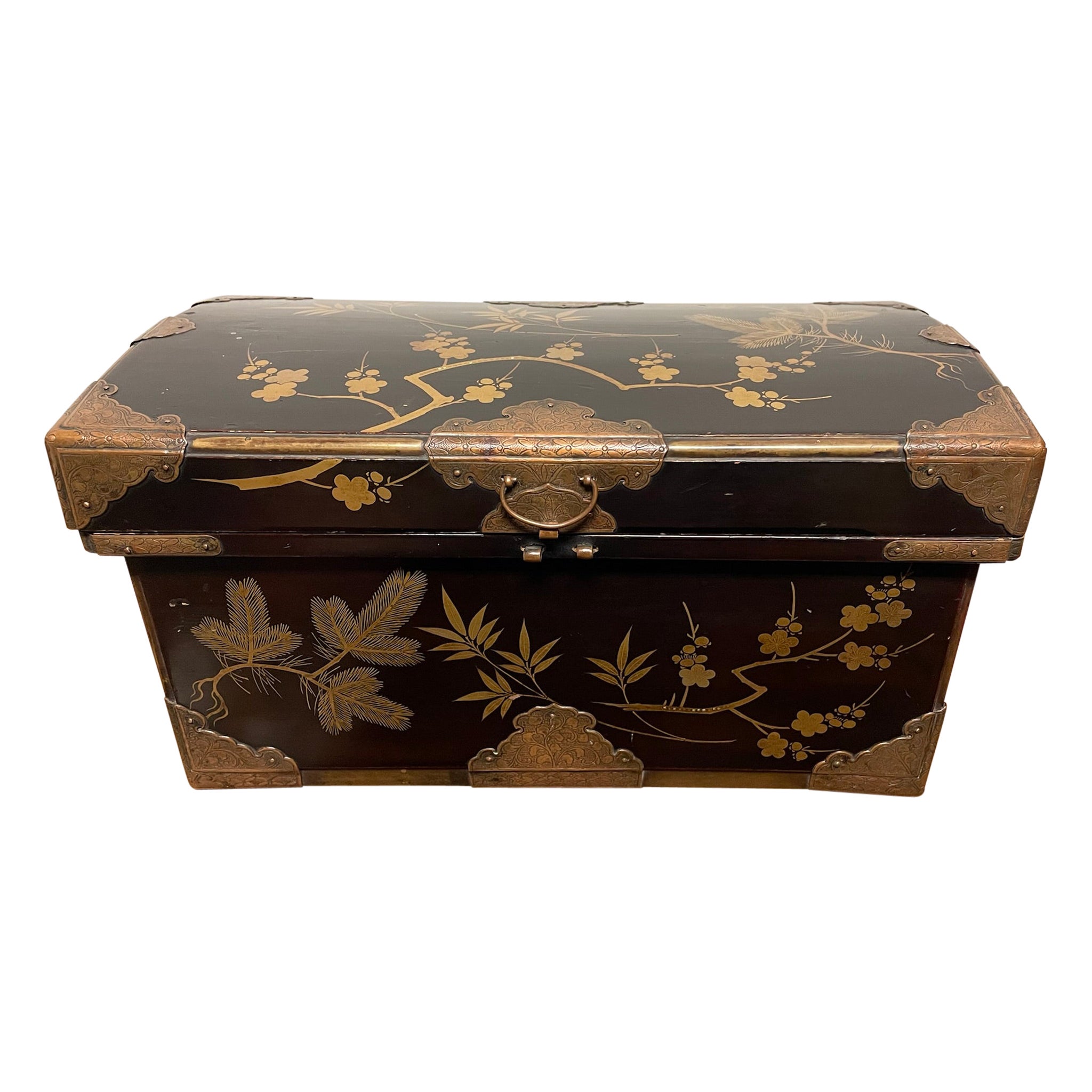 19th Century Japanese Plum Lacquer and Gilt Box with Etched Copper Mounts