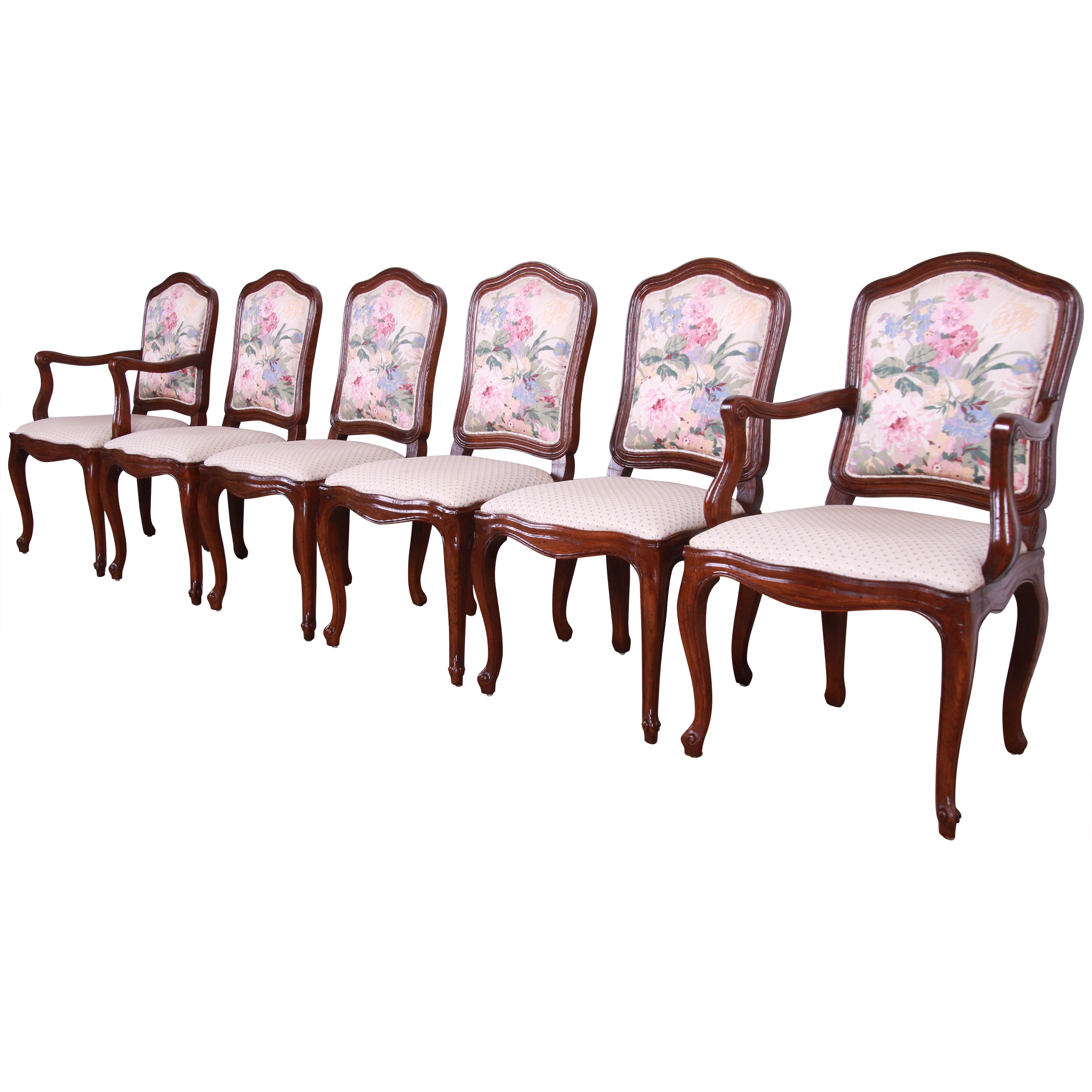 Henredon French Provincial Louis XV Carved Oak Floral Upholstered Dining Chairs For Sale