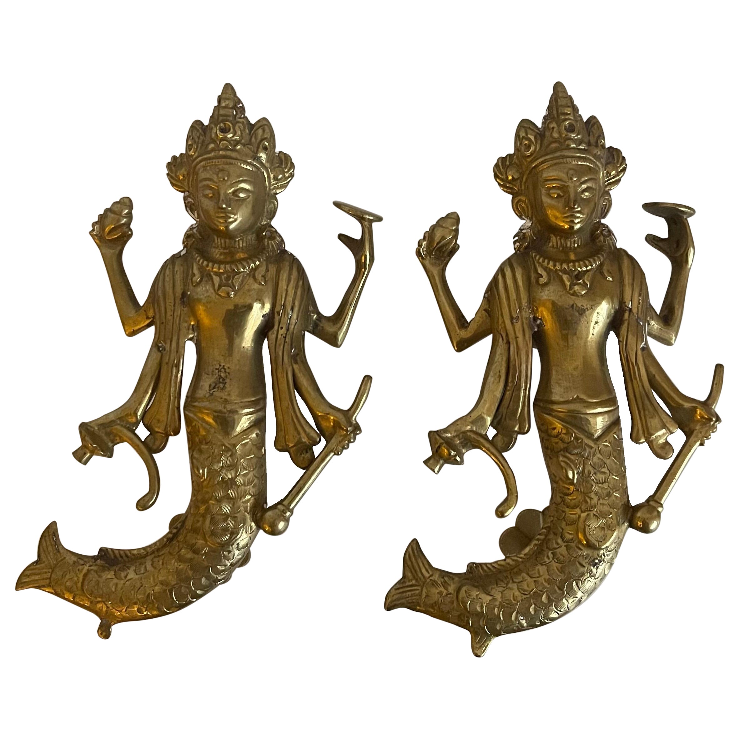 Pair of Asian Solid Brass Goddess Door Pulls B For Sale