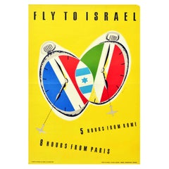 Original Vintage Travel Poster Fly To Israel From Rome Paris MidCentury Design