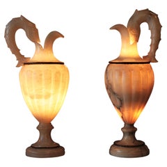 Pair of Neoclassical Urn Jar Albaster Table Lamps with Fish Handles